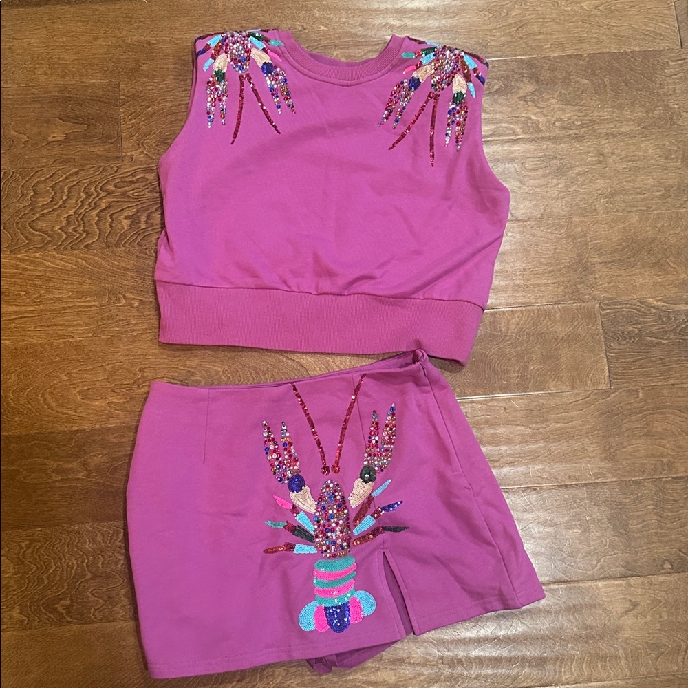 QUEEN OF SPARKLES purple crawfish Sequin Set small top and medium skort